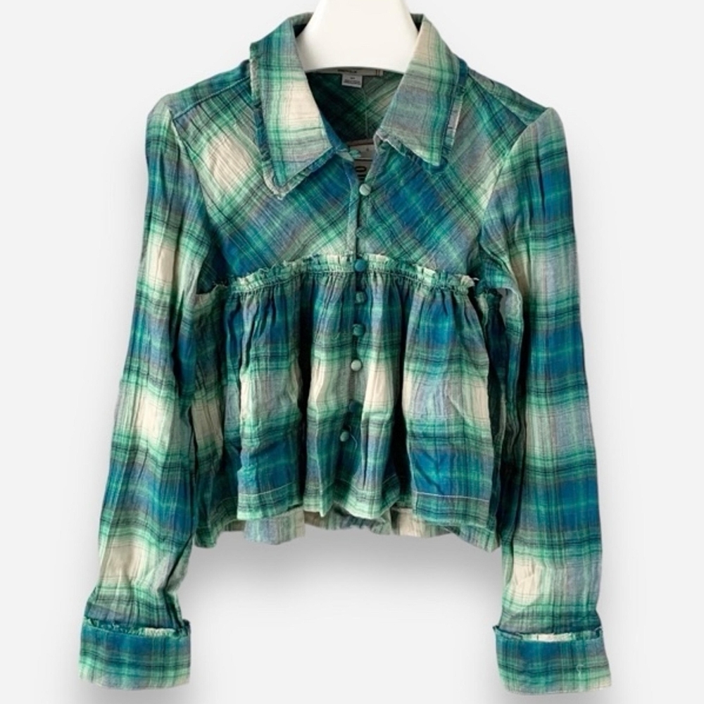 Kimchi Blue Cropped Green Blue Plaid button up